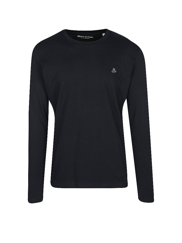 Langarmshirt MARC O'POLO, Herren, Gr. M, blau (schwarz night), Jersey, Obermaterial: 100% Baumwolle, Rundhals, Shirts Langarmshirt, mit dezentem Logo-Print vorne